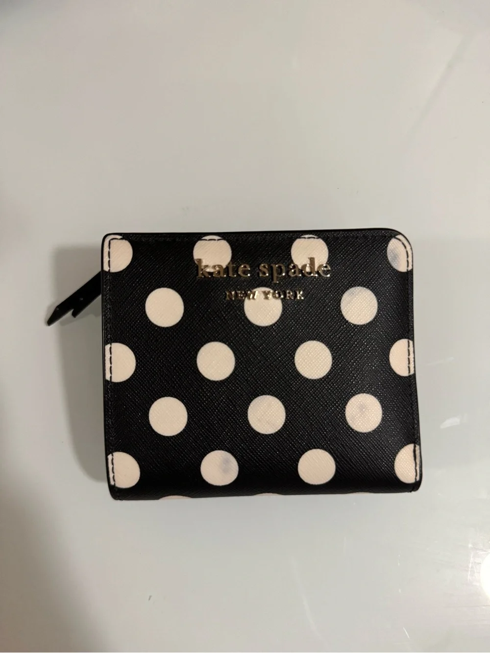 Kate Spade Black with White Polka Dot Bifold Wallet (with Zipped Change Section)